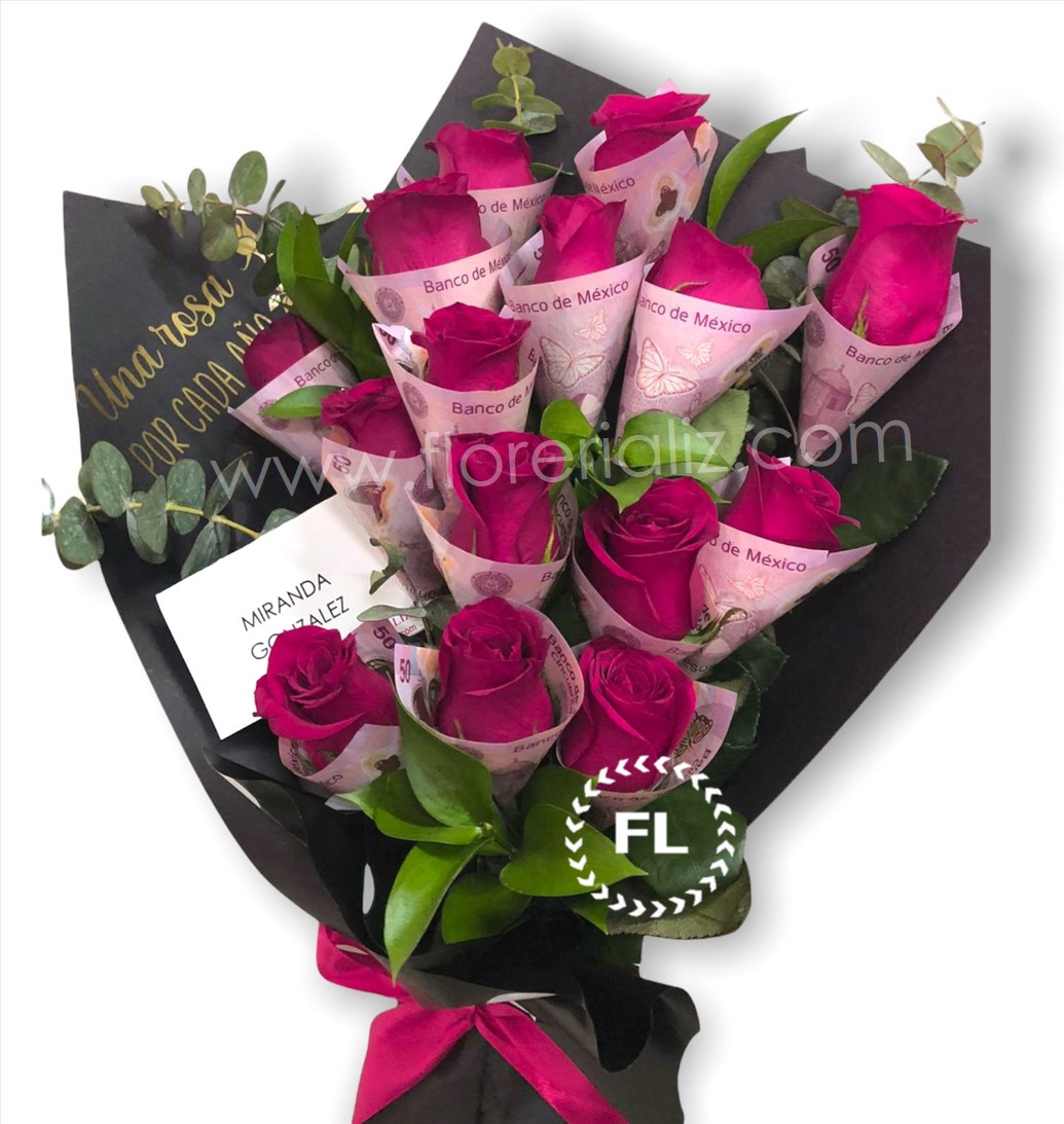 Bouquet con Rosas y billetes F-BF-09 | Florería Liz | Arreglos florales en  Monterrey